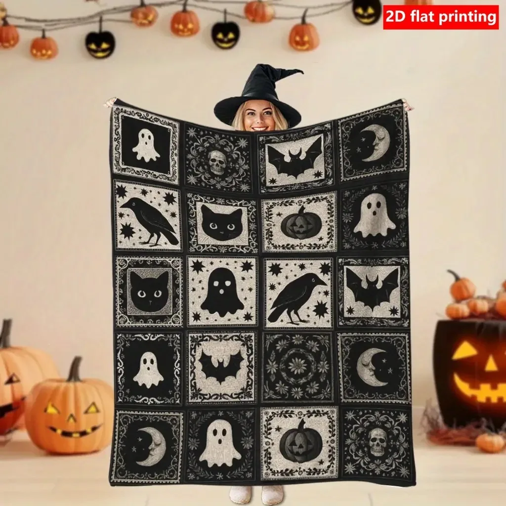 Black White Halloween Elements Collage Spooky Fleece Blanket For Haunted House Decor Soft Warm Throw Blanket Sheet