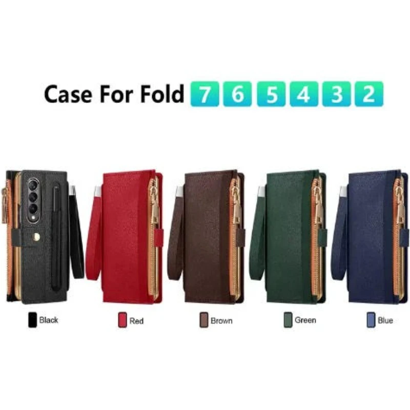 

With S Pen Holder Leather Case For Samsung Galaxy Z Fold 7 6 5 4 3 2 5G Card Wallet Flip Case Phone Cover With Screen Protector