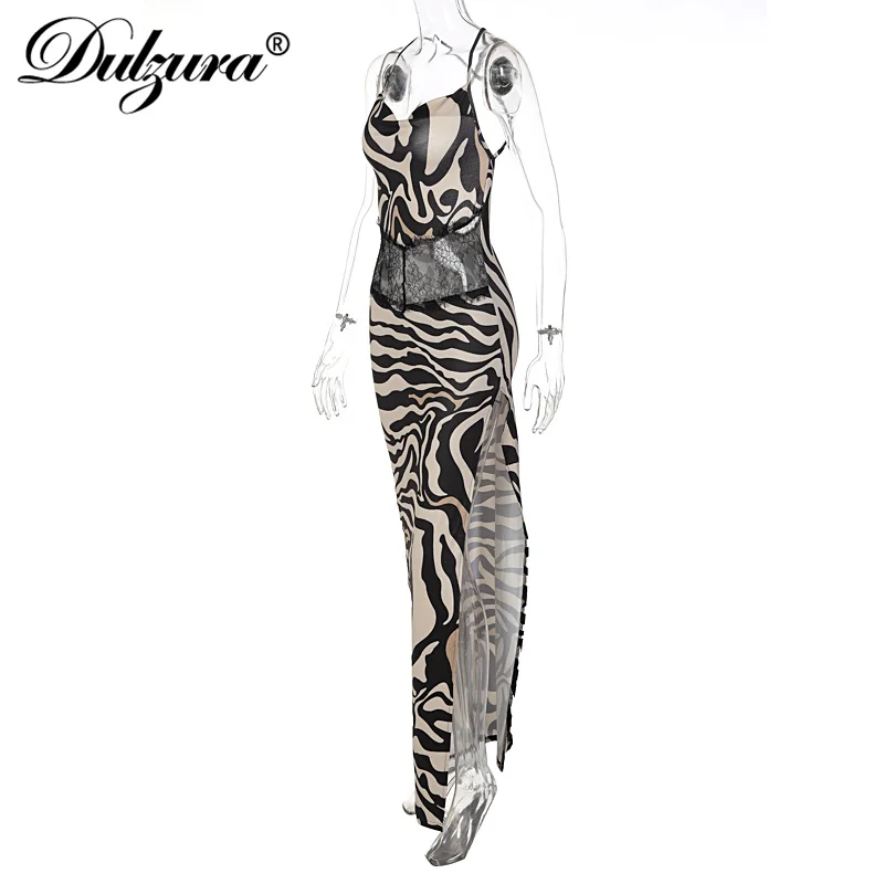 فستان دولزورا بدون أكمام مزين بالدانتيل وحمار وحشي كامي ماكسي بدون ظهر وفتحة جانبية طويلة ملابس مثيرة للحفلات والنوادي