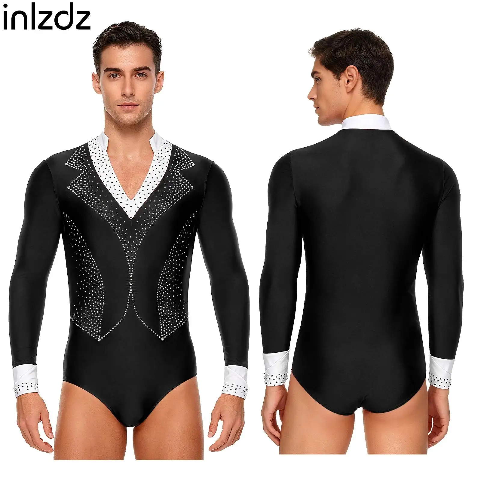 Męski strój do tańca latynoamerykańskiego z długim rękawem, zdobiony cyrkoniami, trykot gimnastyczny, odzież taneczna do tanga, rumby, cha-chy, baletu, na studniówkę i imprezy.