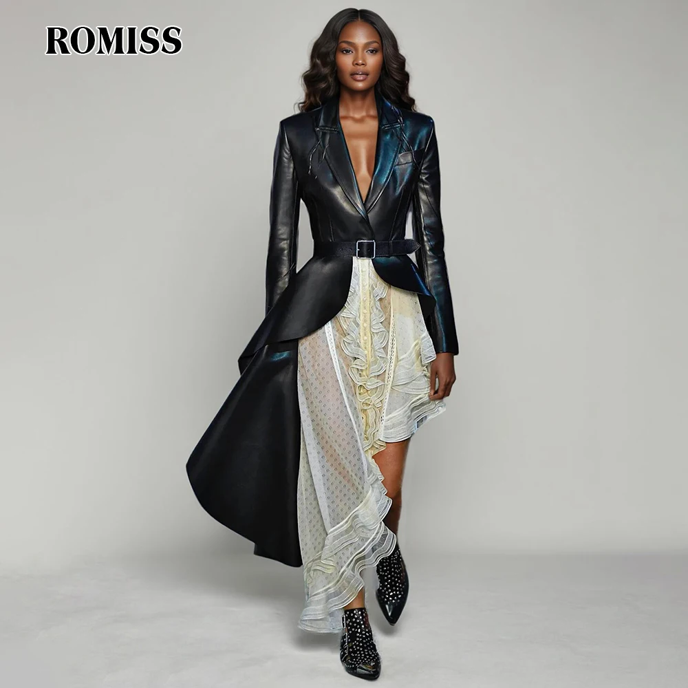 ROMISS Fashion PU Leather Coats For Women Lapel Long Sleeve Korean Autumn Loose Irregular Hem Coats Female Fashion New Style