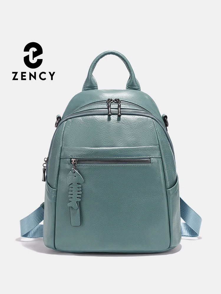 Zency Genuine Leather Women's Backpack Knapsack Multi-pocket Simple Travel Shoulder Bag 2025 Lake Green Cowhide Leather Rucksack