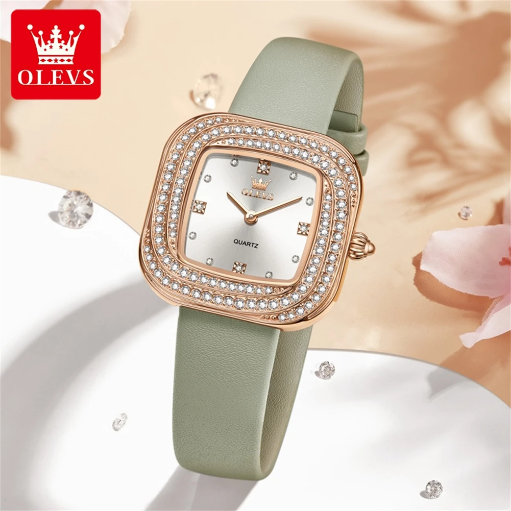 OLEVS Diamond Watch Women Luxury Fashion Square Dial Leather Strap Waterproof Original Quartz Wristwatches women Reloj de mujer