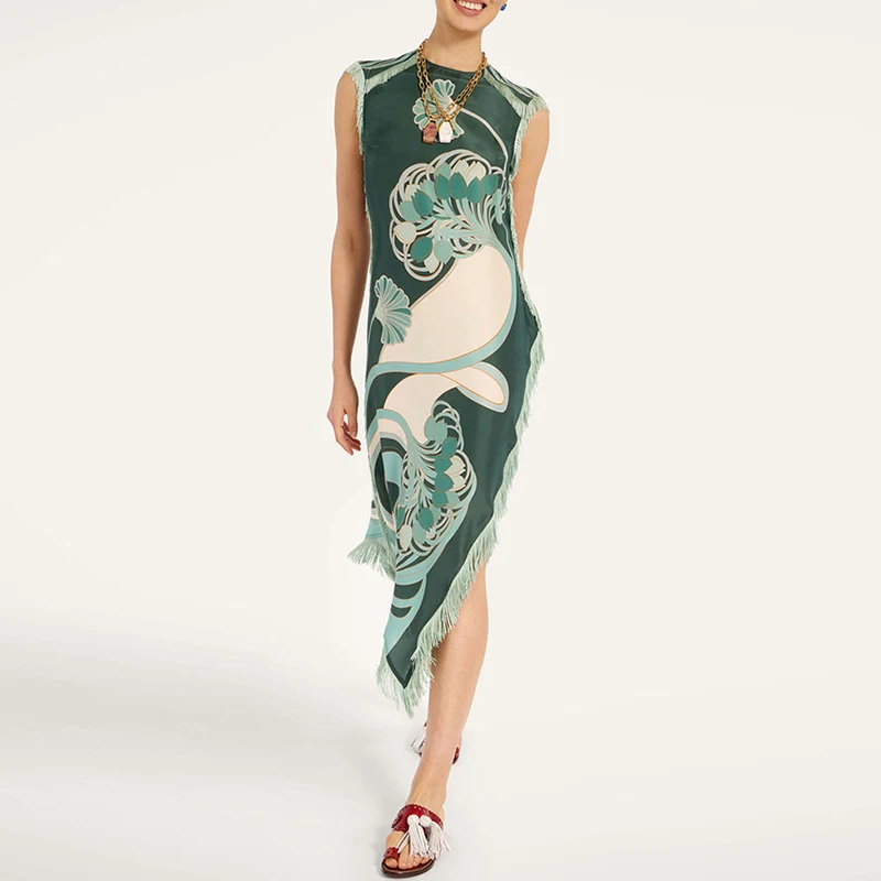 Fashion Positioning Floral Print Zipper Dress Unique Tassel Irregular Seaside Vacation Dress Elegant Round Neck Sleeveless Dress