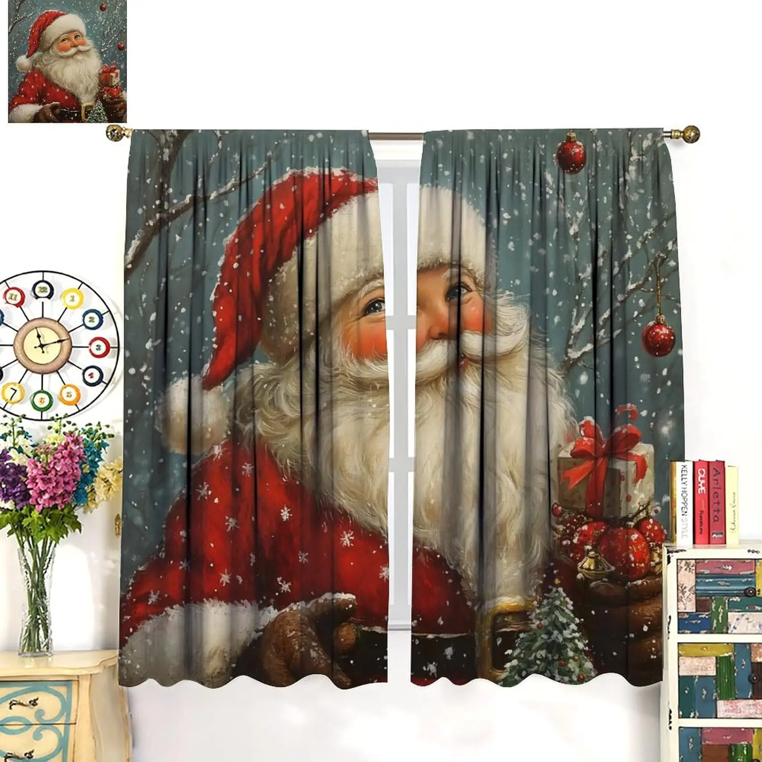 ستائر سانتا العتيقة مع طباعة سانتا اللطيفة، تصميم غابة الثلج الشتوية الريفية، ستائر احتفالية لديكور نافذة غرفة المعيشة