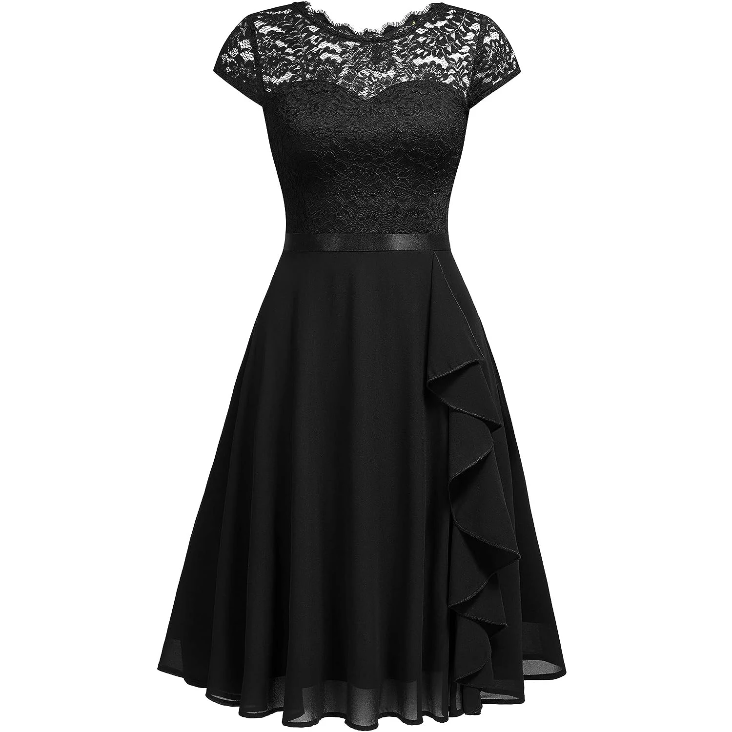 Vintage laço contraste chiffon plissado vestido feminino, vestido de baile formal, elegante, uma linha