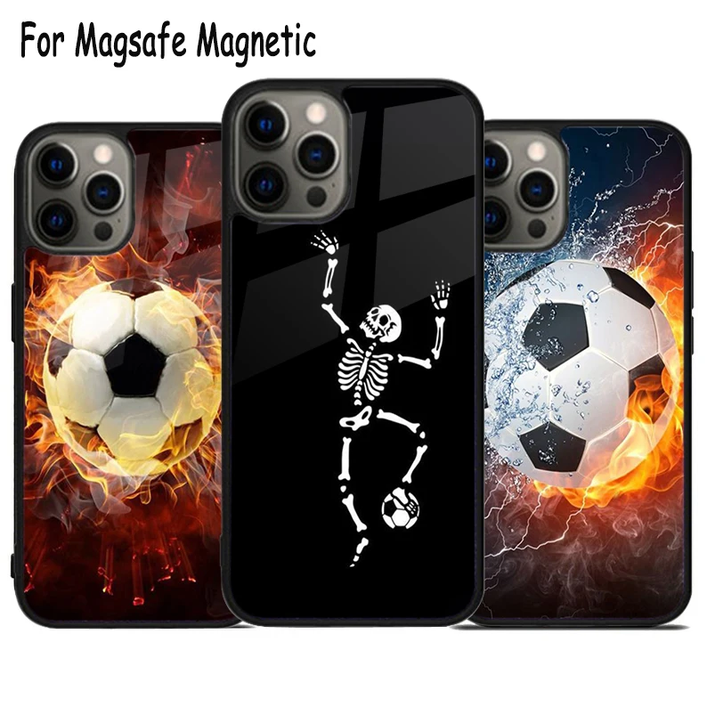 Fire Football Skeleton Soccer Ball Wireless Magsafe Phone Case For iPhone 15 16 14 13 11 12 Pro Max Plus Magnetic Bumper Cover