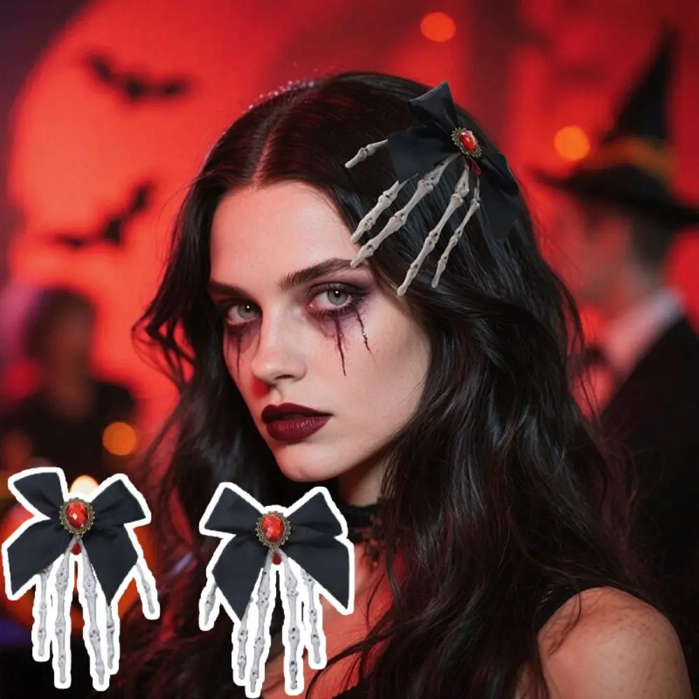 

Bowknot Ghost Claw Hair Clip Gothic Cosplay Headdress Skeleton Hand Hairpin Rhinestone Halloween Headwear
