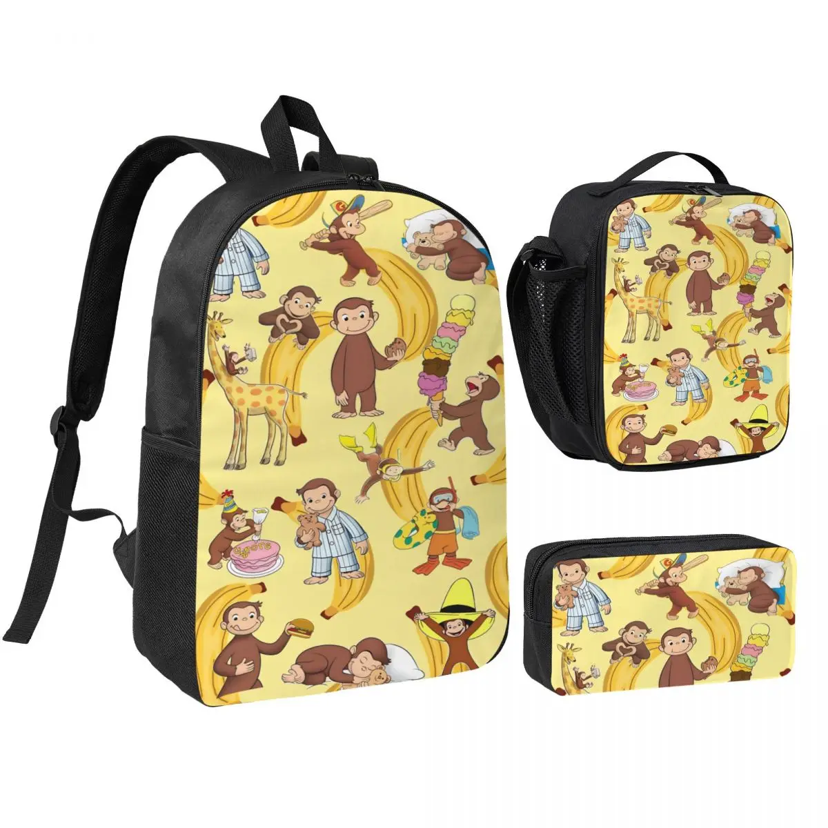 3Pcs Curious George African Monkey Backpack Set for Boy Girl Pen Bags Bookbag Sets with Lunch Box For School Students Daypack