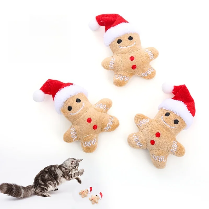 Cat Toys Christmas Gingerbread Man Cat Toy Set with Catnip Holiday Interactive Plush Kitten Toys for Pet Cats Festival Dress Up