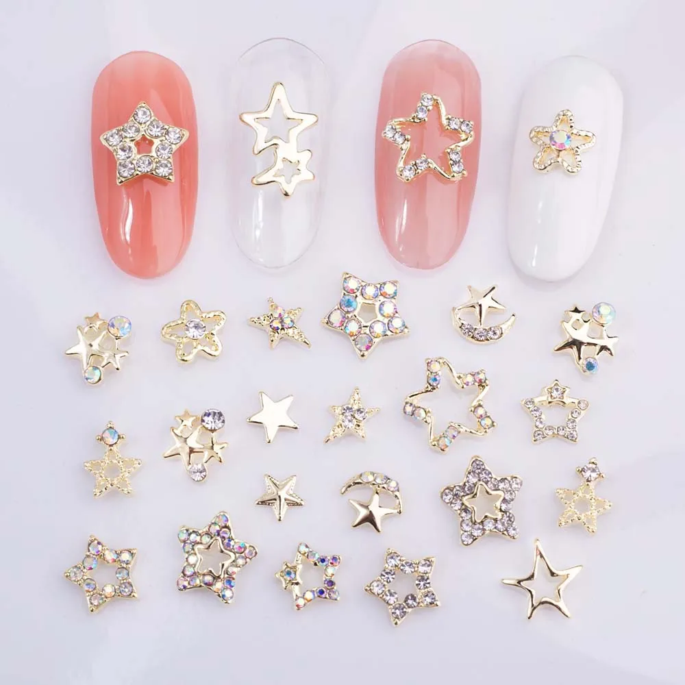 10Pcs Hollow Star Nail Art Charms 3D Alloy Five-Pointed-Star Silver Crystal Diamond Nail Decoration Luxury Manicure Accessories