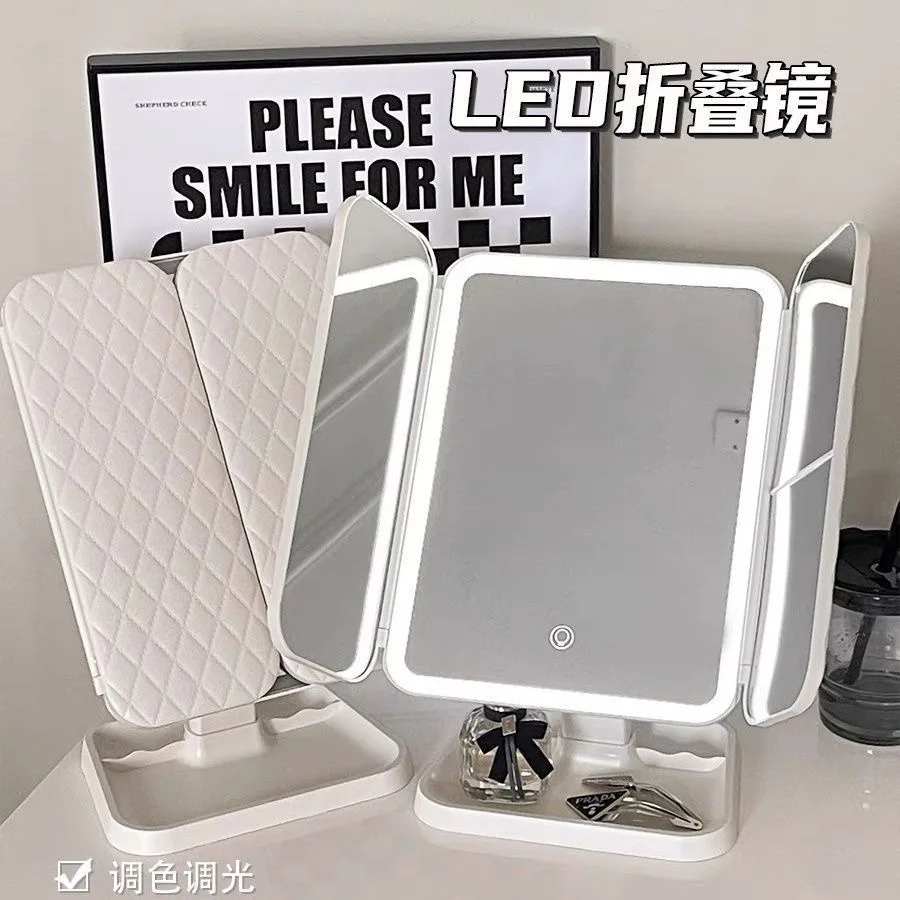 Smart LED Makeup Mirror 270° Rotatable Tri-Fold Vanity Mirror Touch Screen Dimmable Rechargeable Beauty Mirror for Desktop