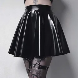 Women's Black PU Leather Pleated Skater Mini Skirt, Monochromatic, Short, Casual, Stretch, A-Line, Nightclub, Sexy, Summer