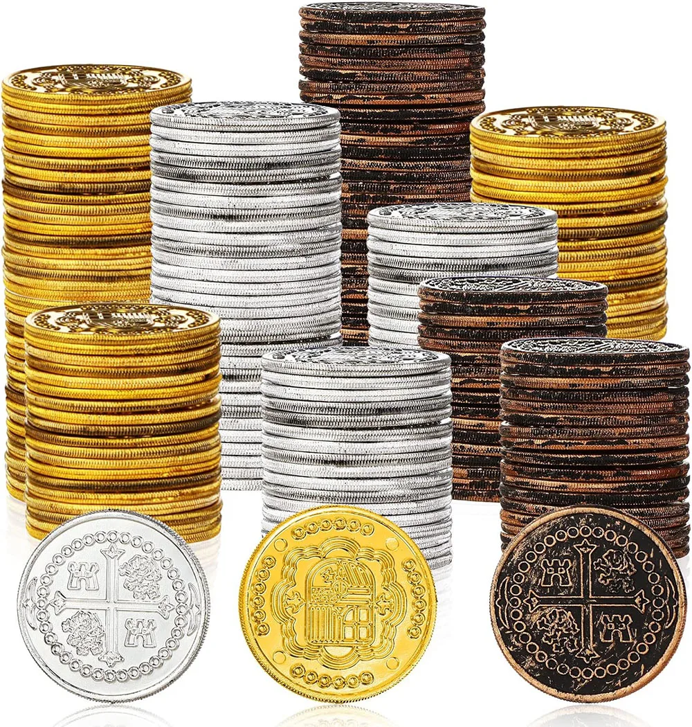 300PCS Plastic Gold Pirate Cross Coins Kids Fake Play Coins for Halloween Cosplay Hunt Party Treasure Chest Games Tokens Toys