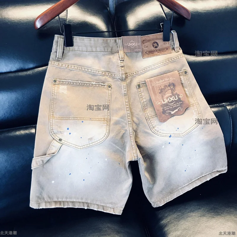 Men's Denim Shorts 2026 Vintage Style Yellow Brown Washed with Paint Pattern, Ripped, Durable, Versatile Five-Point Workwear, Da