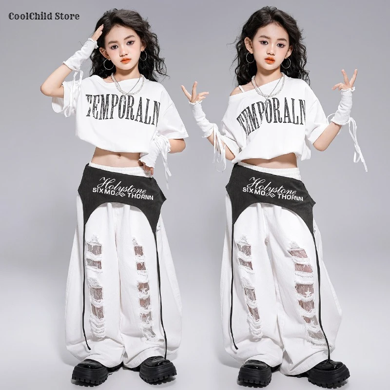 Hip Hop Girls Crop Top Street Dance Ripped Pants Streetwear Children Tank Top Girl Group Stage Costumes Kids K-pop Clothes Sets