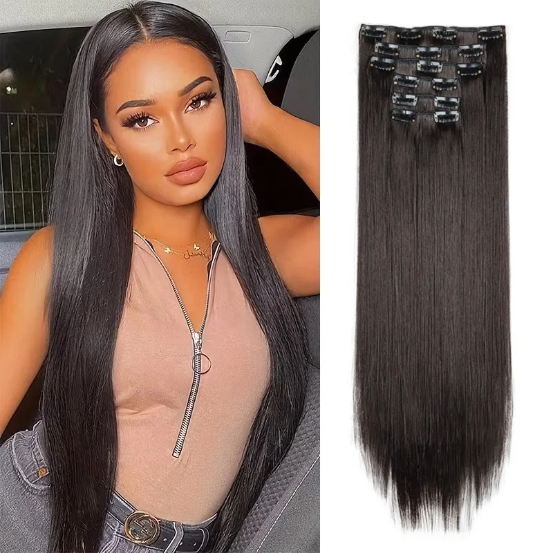 Sintético 6pcs/set Extensiones de Cabello Lacio Largo Ultra-invisibles Cabeza Completa Clip In 24 Pulgadas para Mujeres Uso Diario
