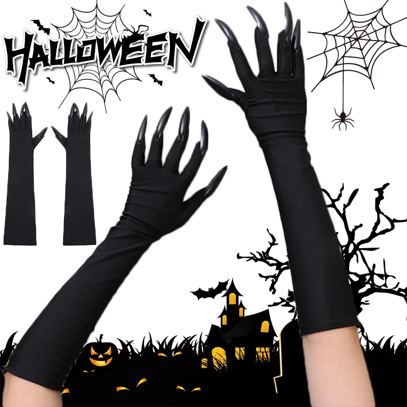 

New Fashion Black Spandex 48cm Gloves Halloween Cosplay Stretch Ghost Claw Long Nail Solid Gloves Stage Performance Accessories