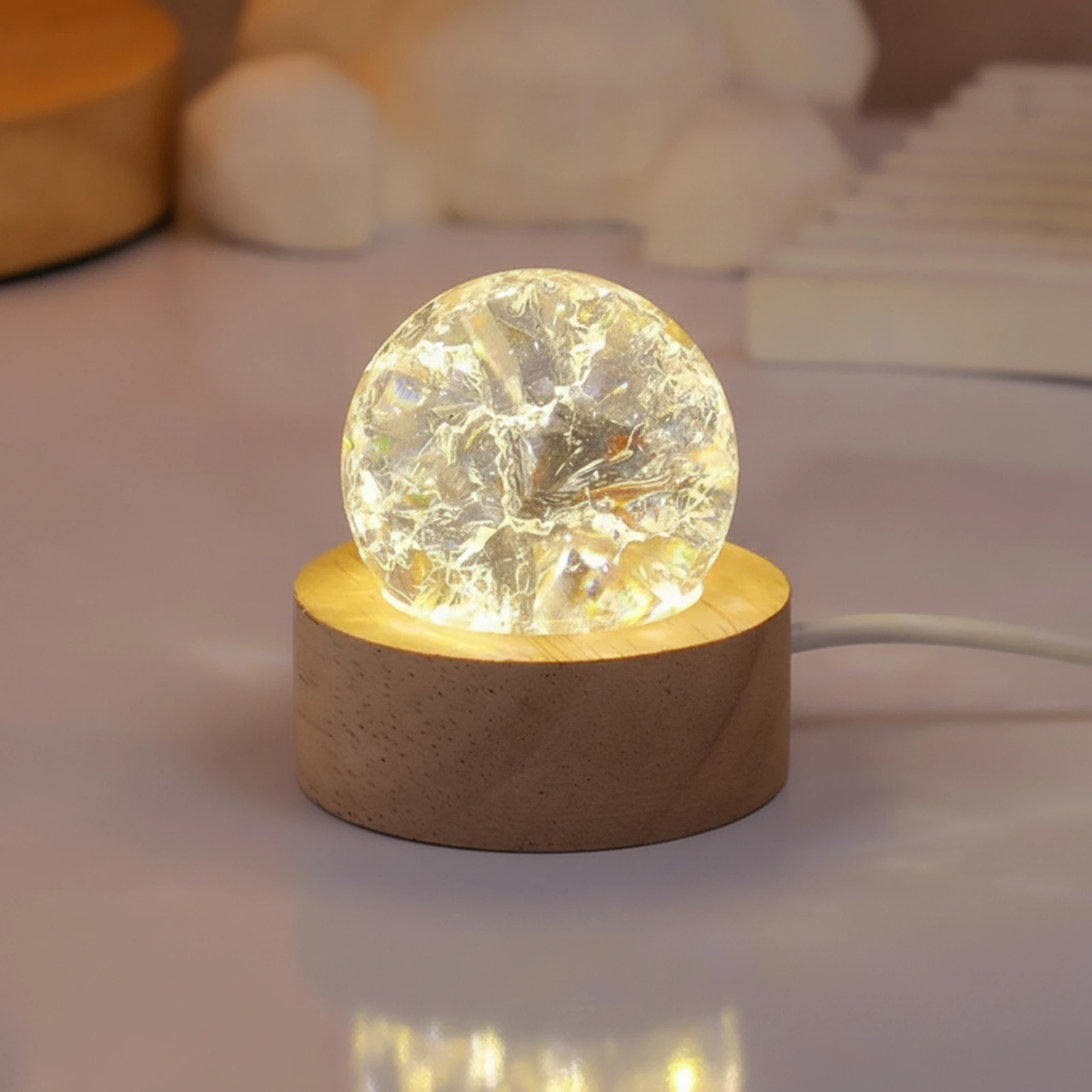 Crystal Sphere Light with Wooden Base Slim Crackle Glass Ball Lamp Decoration Cracked for Bedside Table, Desktop