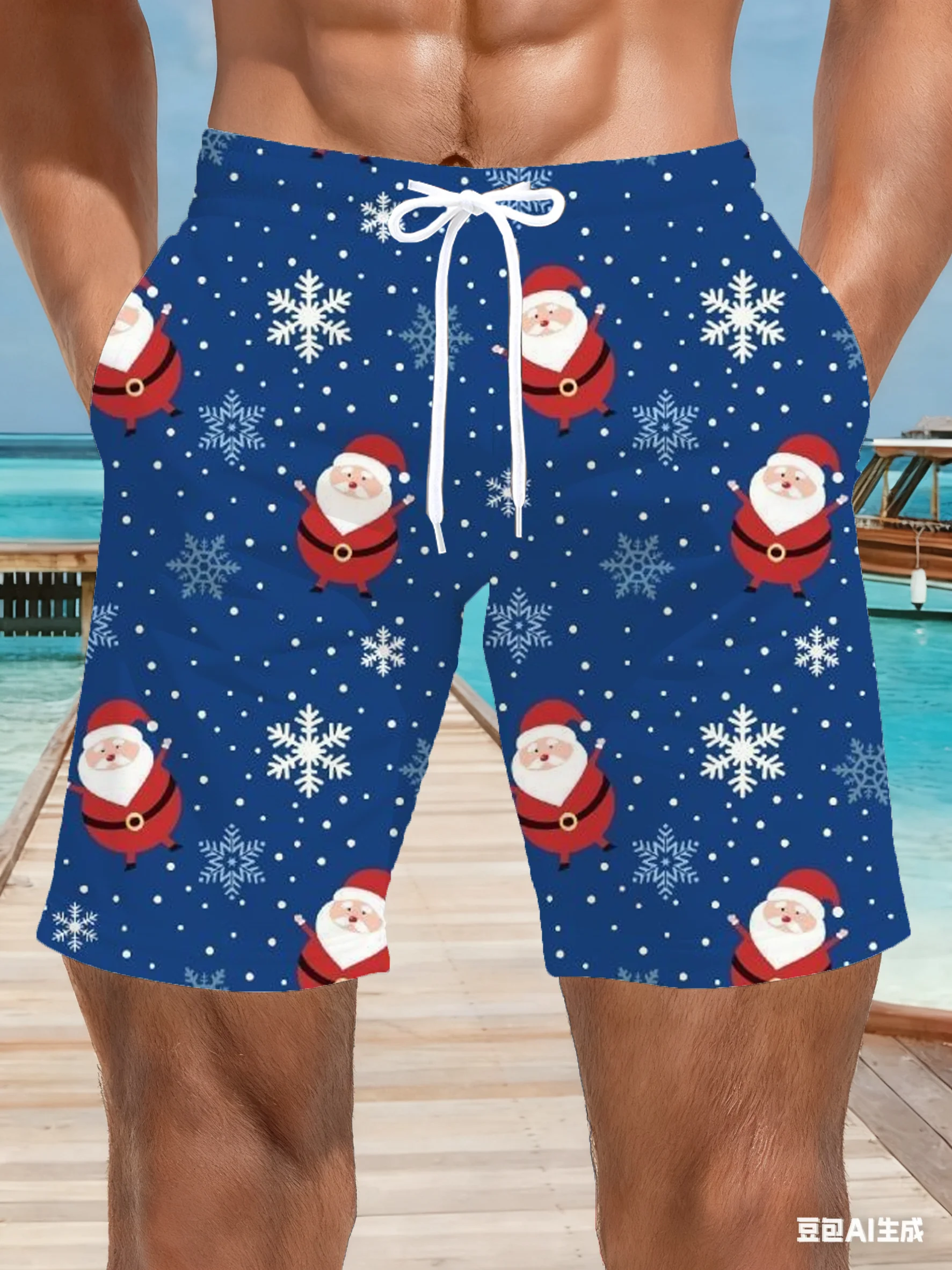 Vacanza estiva Vacanza Pantaloncini hawaiani Pantaloncini da bagno natalizi da uomo Rosso e bianco Fiocco di neve e agrifoglio Stampa Abbigliamento da spiaggia ad asciugatura rapida