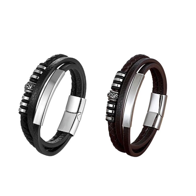 Fashion European American Style Alloy Leather Cord Bracelet Trendy Leather Woven Bracelet Bold Magnetic Clasp Jewelry for Male