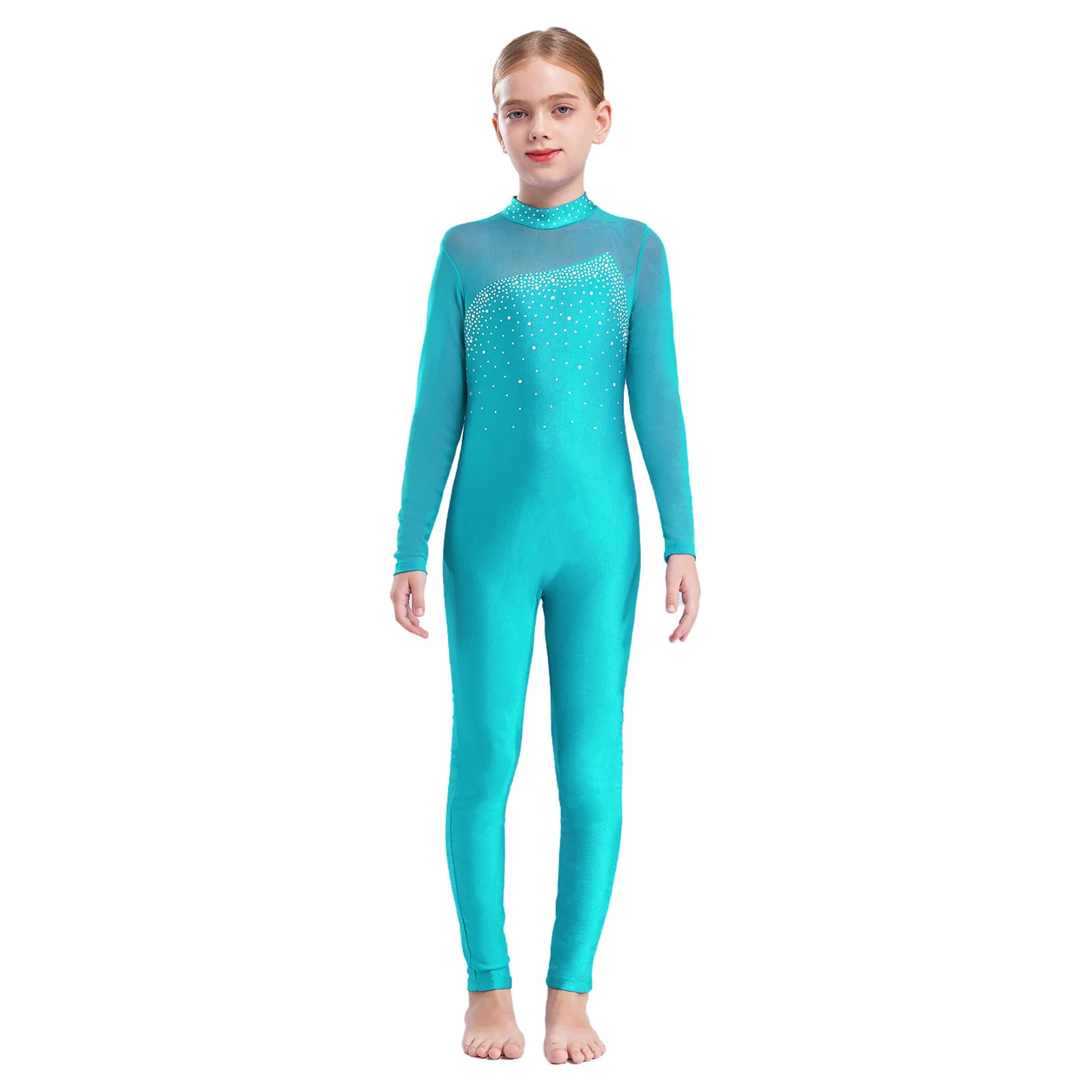 

Girls Figure Skating Dance Outfit Long Sleeve Keyhole Back Mesh Patchwork Bodysuit Shiny Rhinestone Jumpsuit with Hair Band Suit