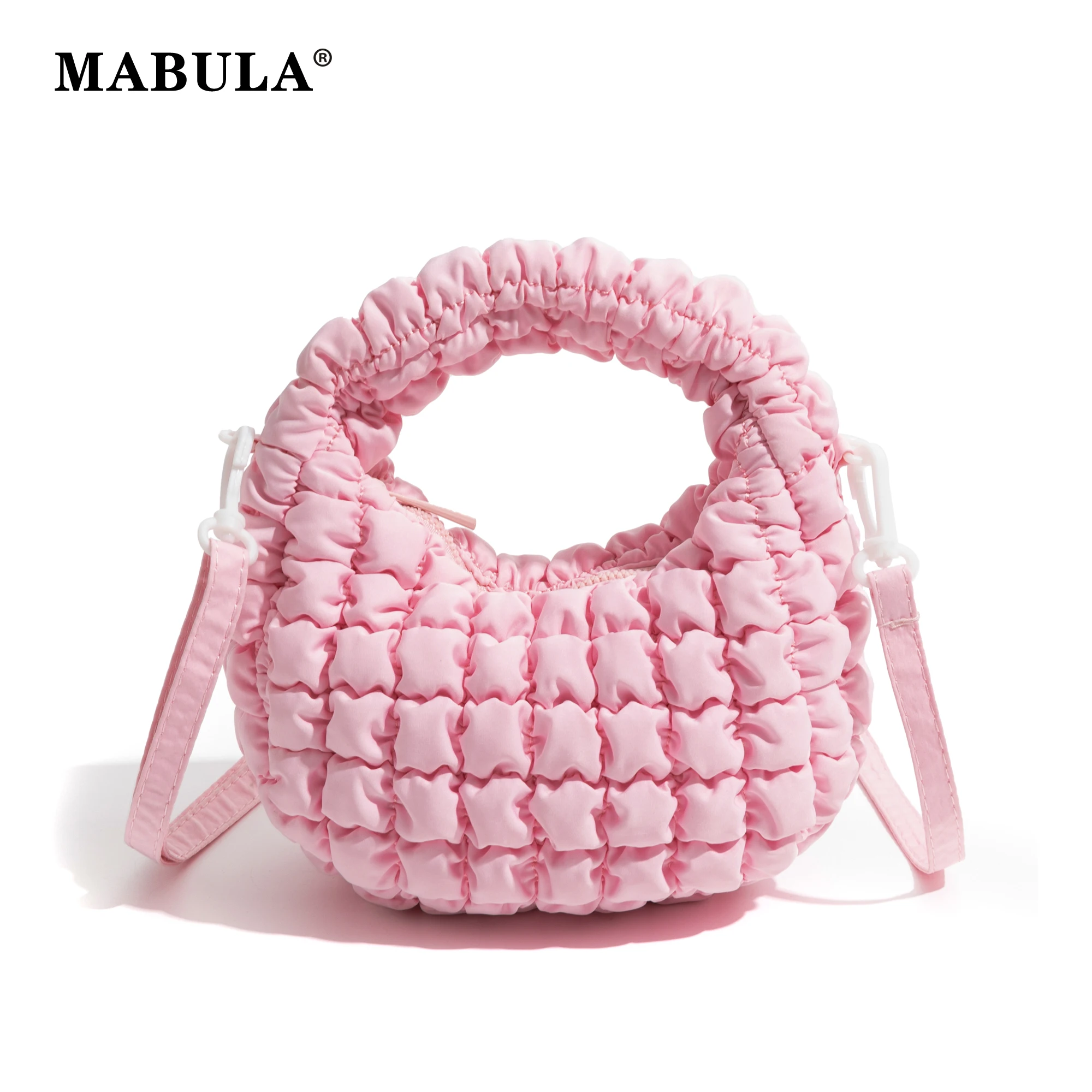 MABULA Pleated Small Tote Handbag Fluffy Padding Nylon Solid Simple Fashion Phone Purse Detachable Shoulder Strap Crossbody Bag