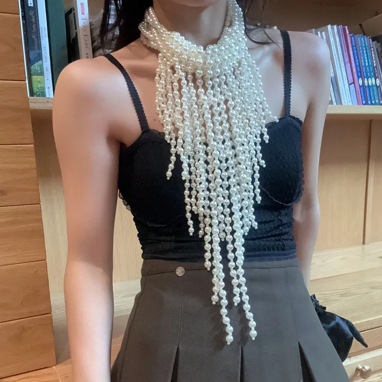 Y2k 빈티지 Luxury Long Tassel Beaded Shoulder Chain Jewelry Pearl Body Chain Handmade Pearl Top Bra Woven Bead Shawl for Women