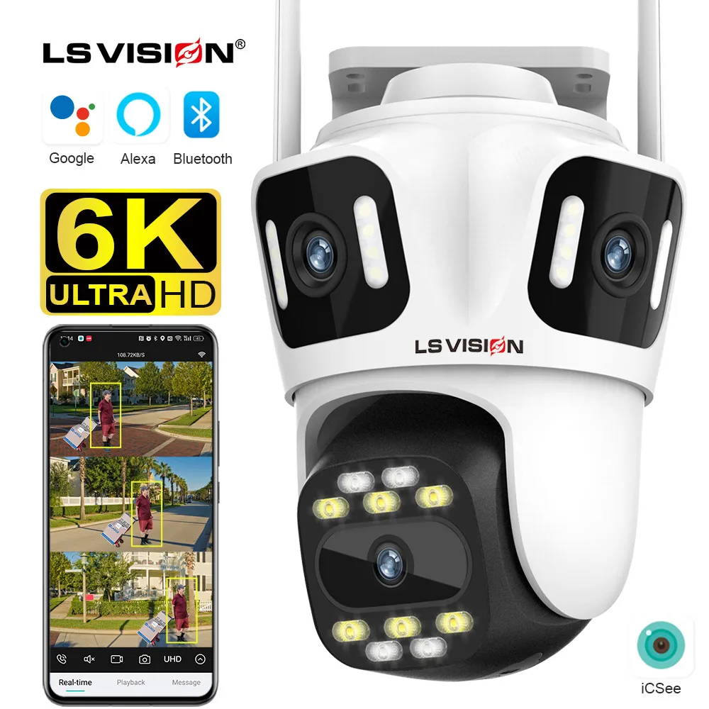 LS VISION 6K 12MP Three Screens WiFi IP Camera Outdoor Three Lens Human Auto Tracking Waterproof Surveillance Cameras iCSee App