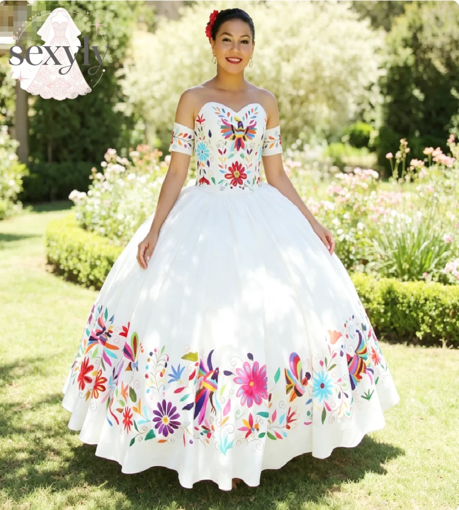 Vintage Mexican Wedding Dress With Colorful Floral Embroidery Off Shoulders Satin Sweet 15 Birthday Party Tradicional Bridal