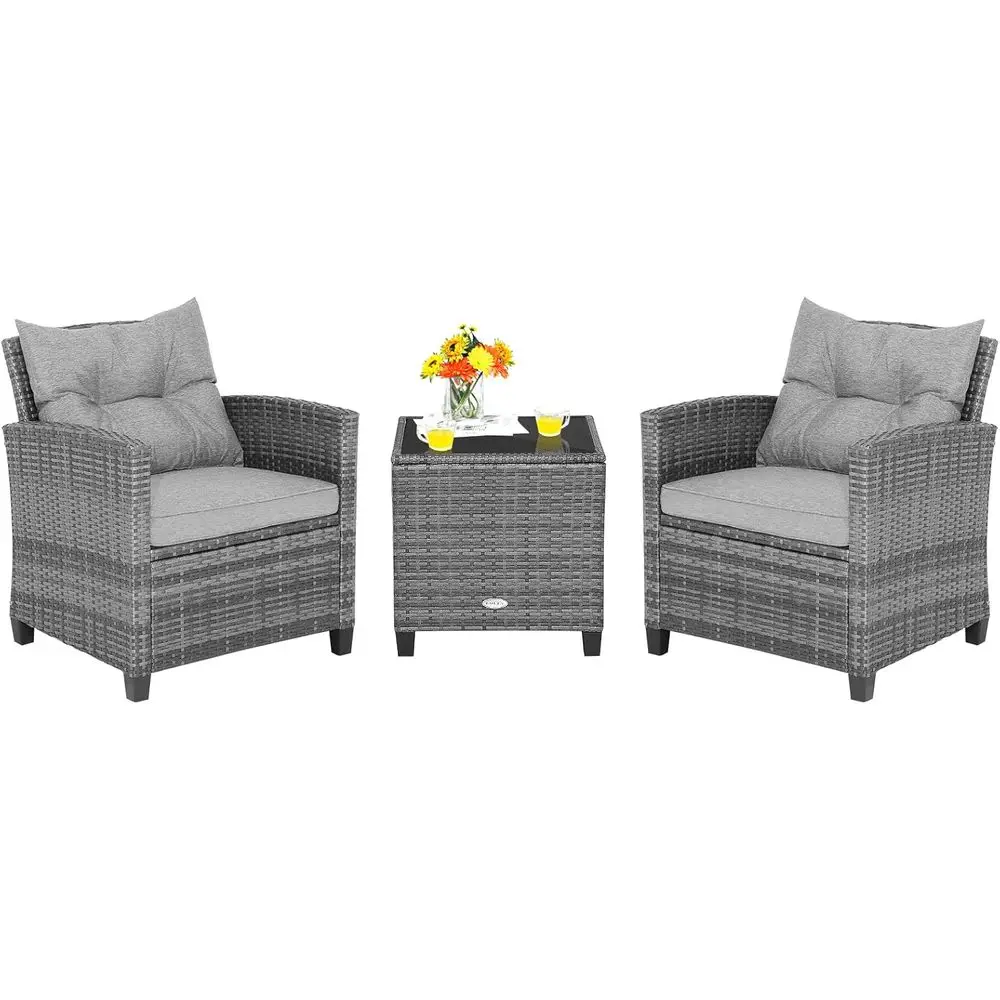 

3-Piece Outdoor PE Rattan Patio Furniture Set with Tempered Glass Side Table and Cushions for Balcony, Porch, and Garden