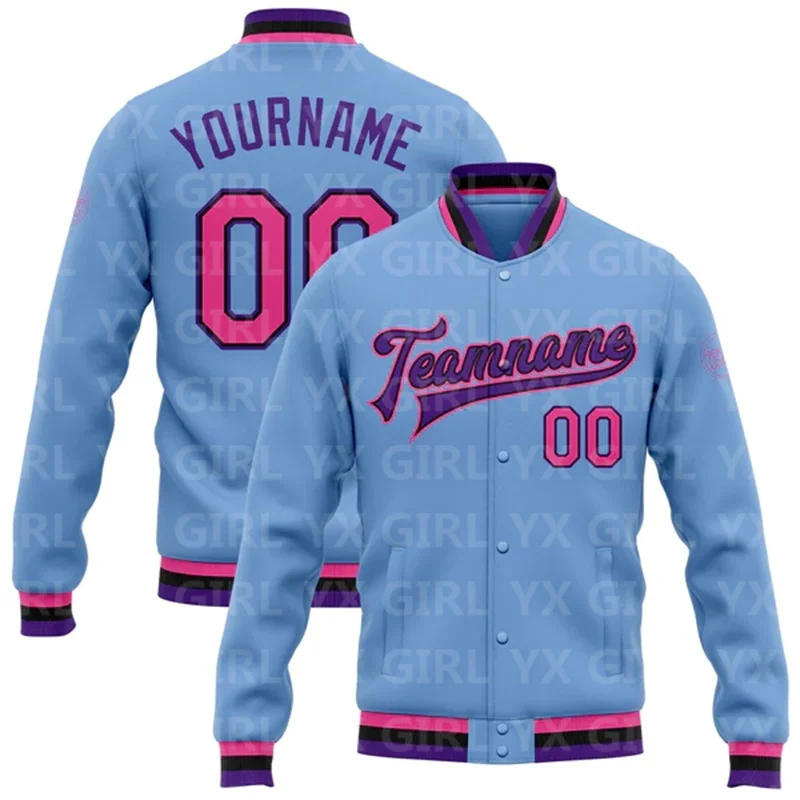 Custom Light Blue Pink Black-Purple Bomber Full-Snap Varsity Letterman Jacket 3D Printed Baseball Button Jacket