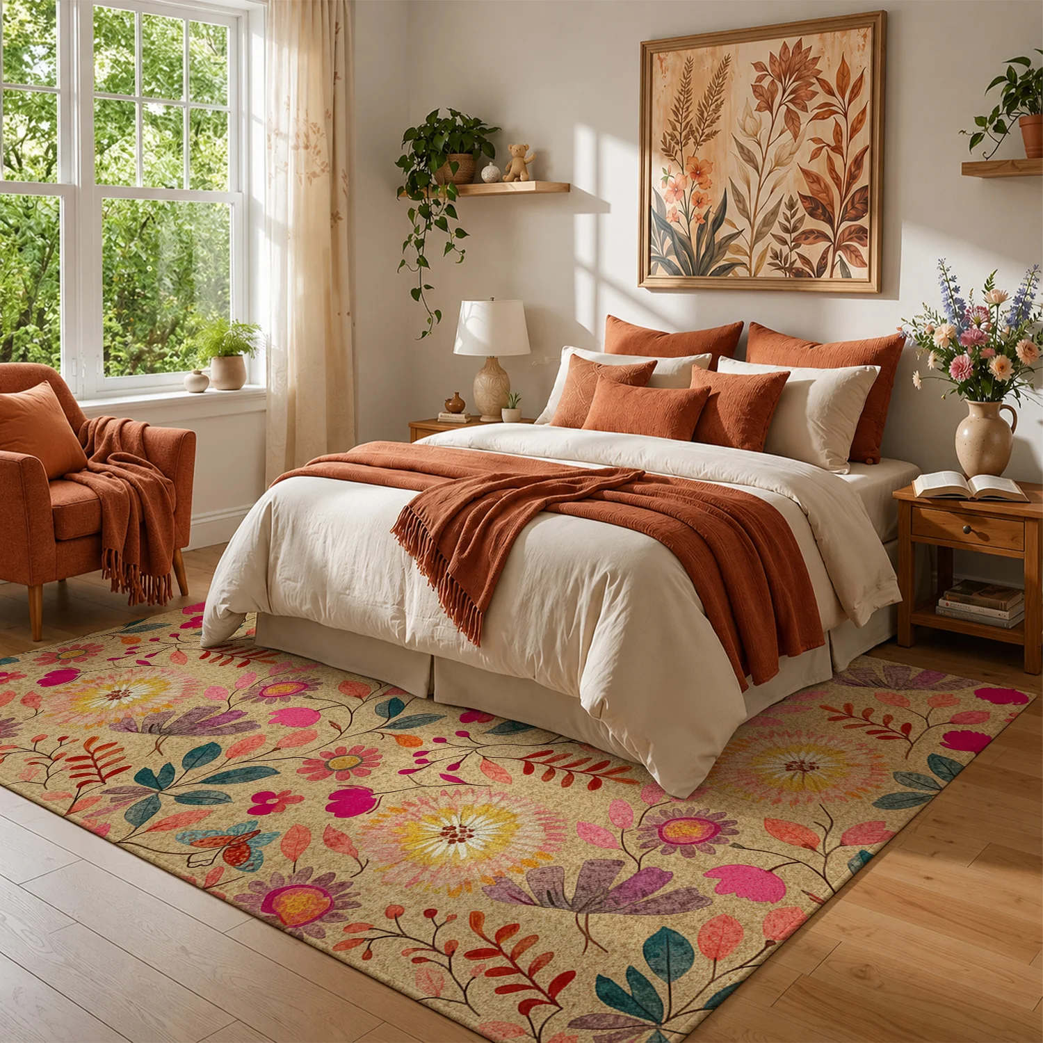 Large Indoor Area Rug Soft Velvet Low Pile Non-Slip Dotted Backing Machine Washable Vibrant Floral Butterfly Design Rug for Living Room Bedroom Home Decor