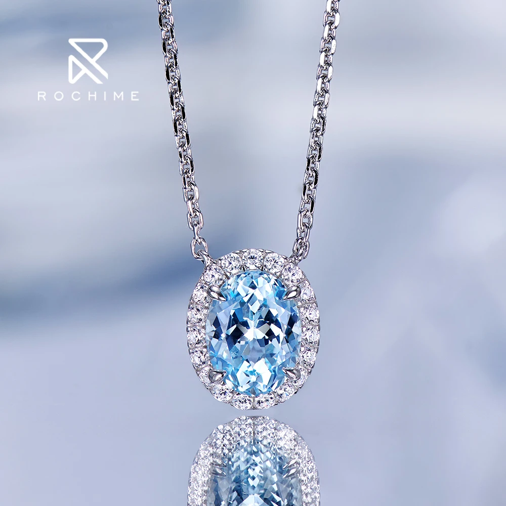 Rochime Fashion Lab Grown Aquamarine Halo Necklace 925 Sterling Silver Gold Plated 5a Zircon Fine Jewelry For Women