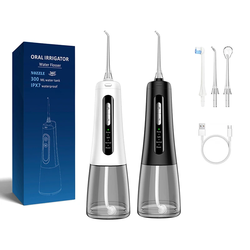 Portable Dental Water Flosser Type-C Rechargeable 300ML Electric Oral Irrigator 4 Modes 4 Nozzles Mouth Teeth Cleaning Tools