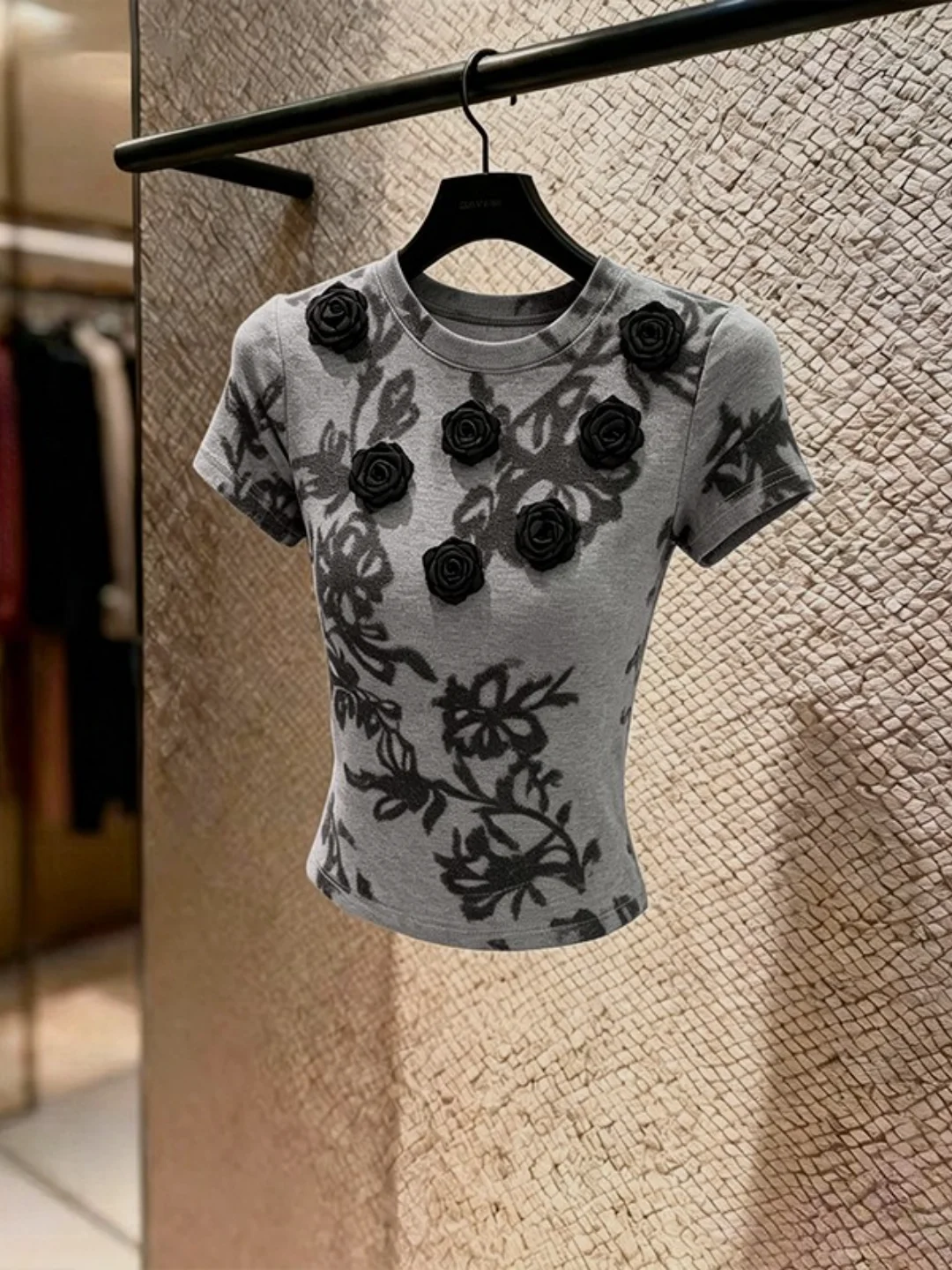 Korean Style Short Sleeve T-Shirt Women's Summer New Flower Print Atmosphere Top Skin Breathable Knitted Bubble Sleeve Square...