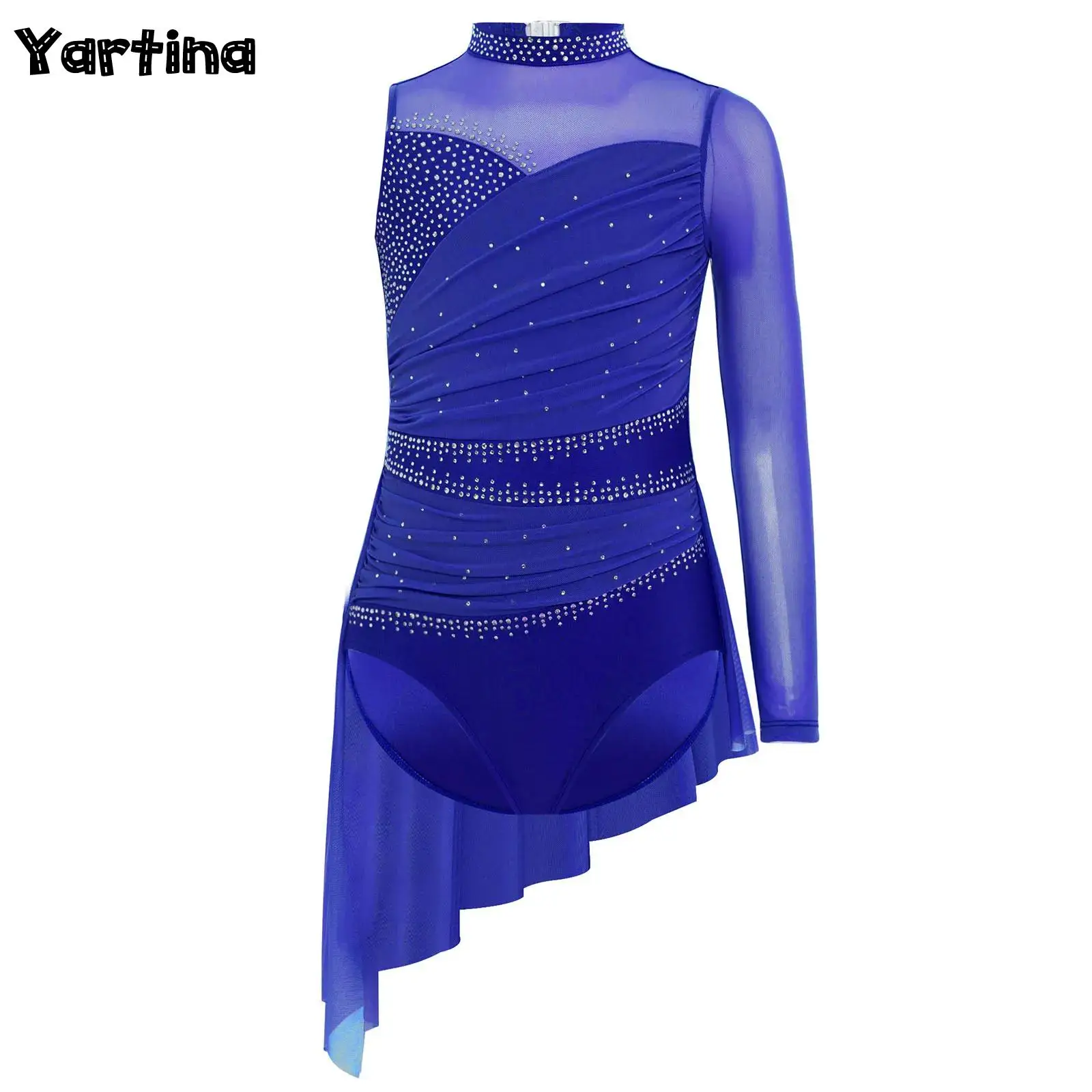 Kids Girls Ballet Lyrical Dance Dress Figure Skating Performance Costume Sparkling Rhinestones Overlay Skirted Leotard Dresses