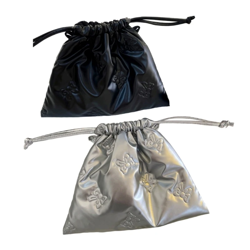 

Elegant PU Leather Drawstring Bag Convenient PU Drawstring Pouches with Bowknot Embellishment for Daily Essential