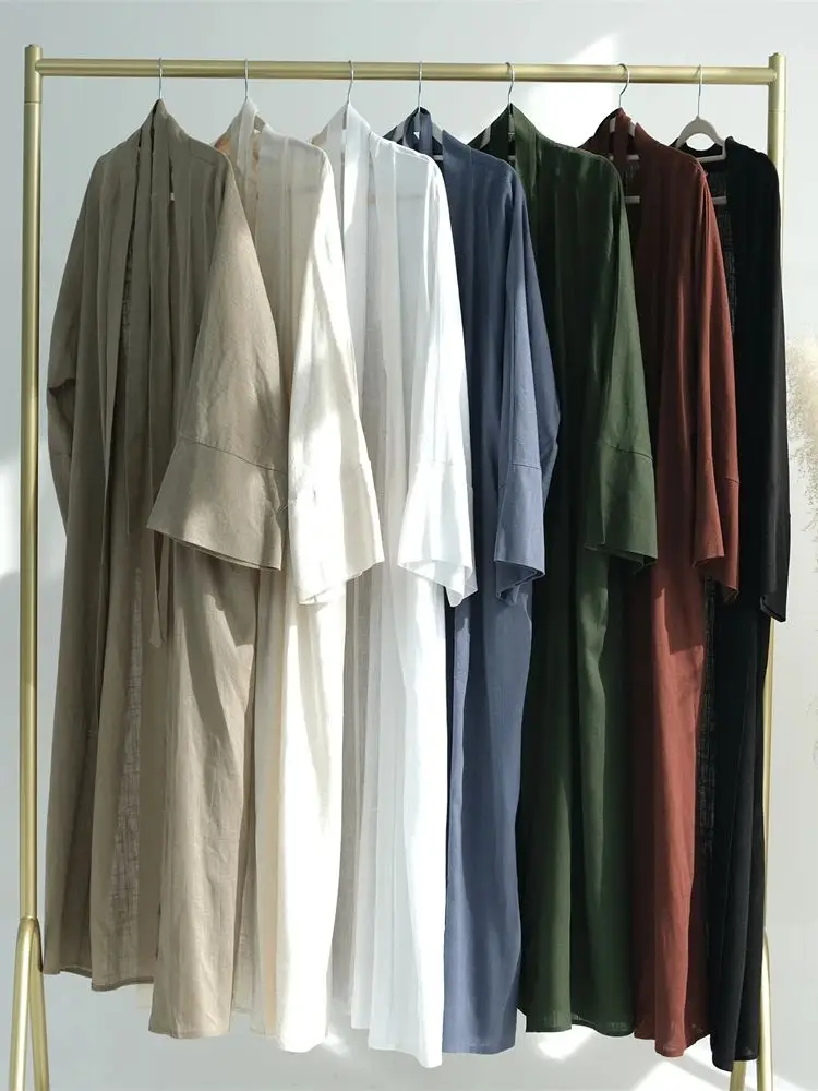 Eid Summer Cotton Linen Kimono Coat Dubai Open Abaya 2024 Muslim for Women Set Retro Kaftan Modest Dresses Islam Clothing Kebaya