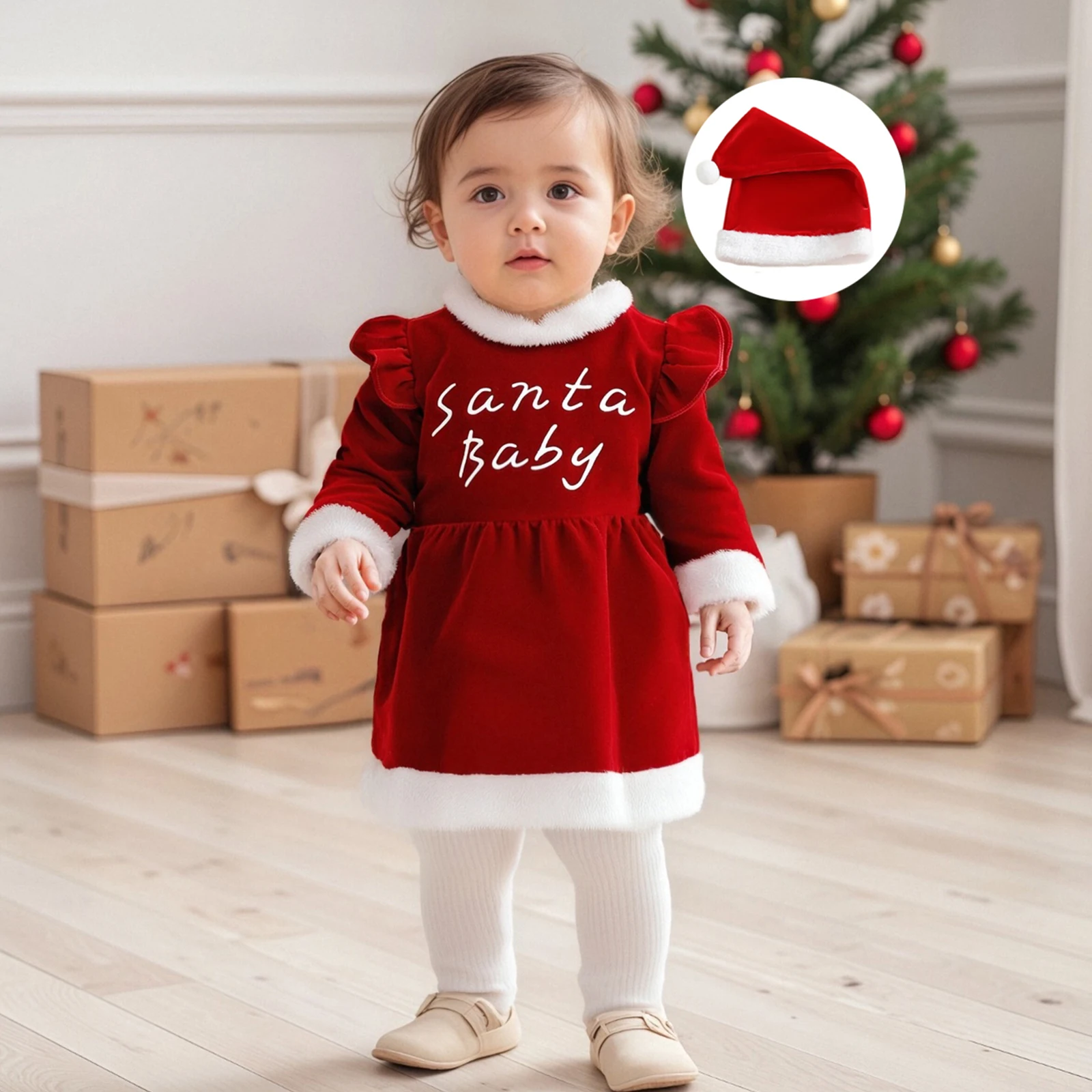 

Baby Girls Winter Dress Christmas Clothes Velvet Hem Long Sleeve Baby Xmas Dresses with Hats Costume