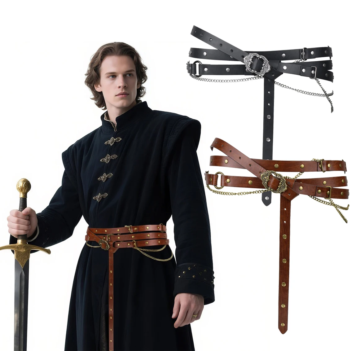 

Средневековые аксессуары для наряда, тонкий ремень с цепочкой, скандинавский охотник викингов, ретро кожаный ремень, костюм для косплея на Хэллоуин