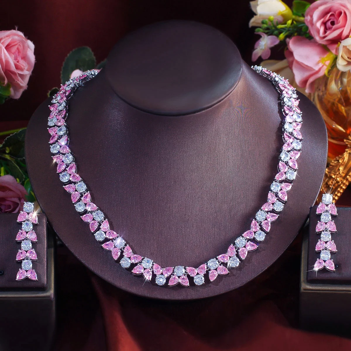 

Pera Sweet Shiny Pink White CZ Stone Butterfly Design Bridal Wedding Jewelry Sets for Women Choker Necklace&Drop Earrings J079