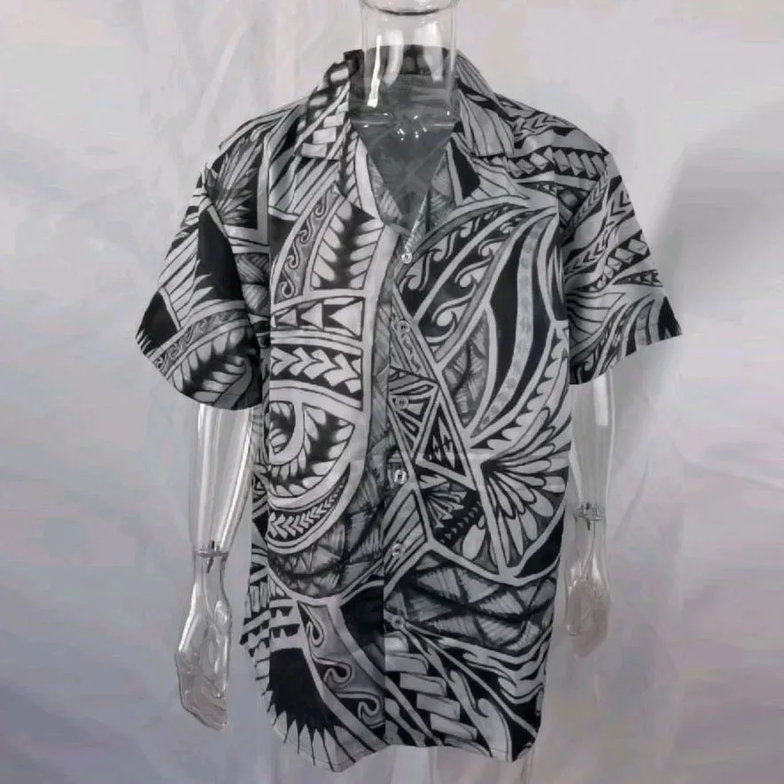 HYCOOL Paisley Print Royal Blue Oversized Button Up Shirt Polynesian Tribal Clothing Casual Shirt For Men Aloha Beach Wear 2022