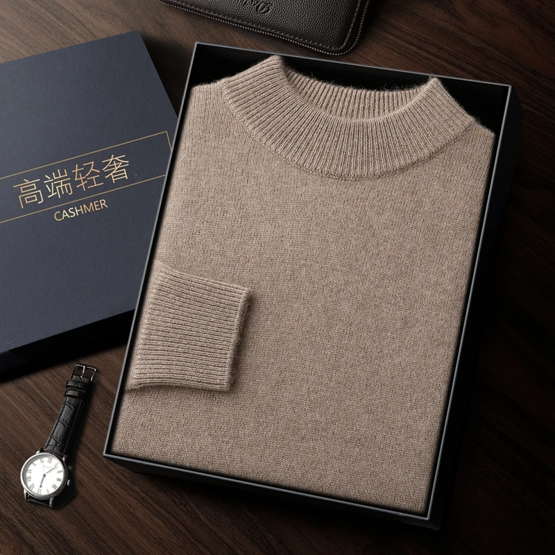 

Autumn and winter new 100% cashmere men's semi high neck loose fitting pullover casual solid color cashmere knitted men's top