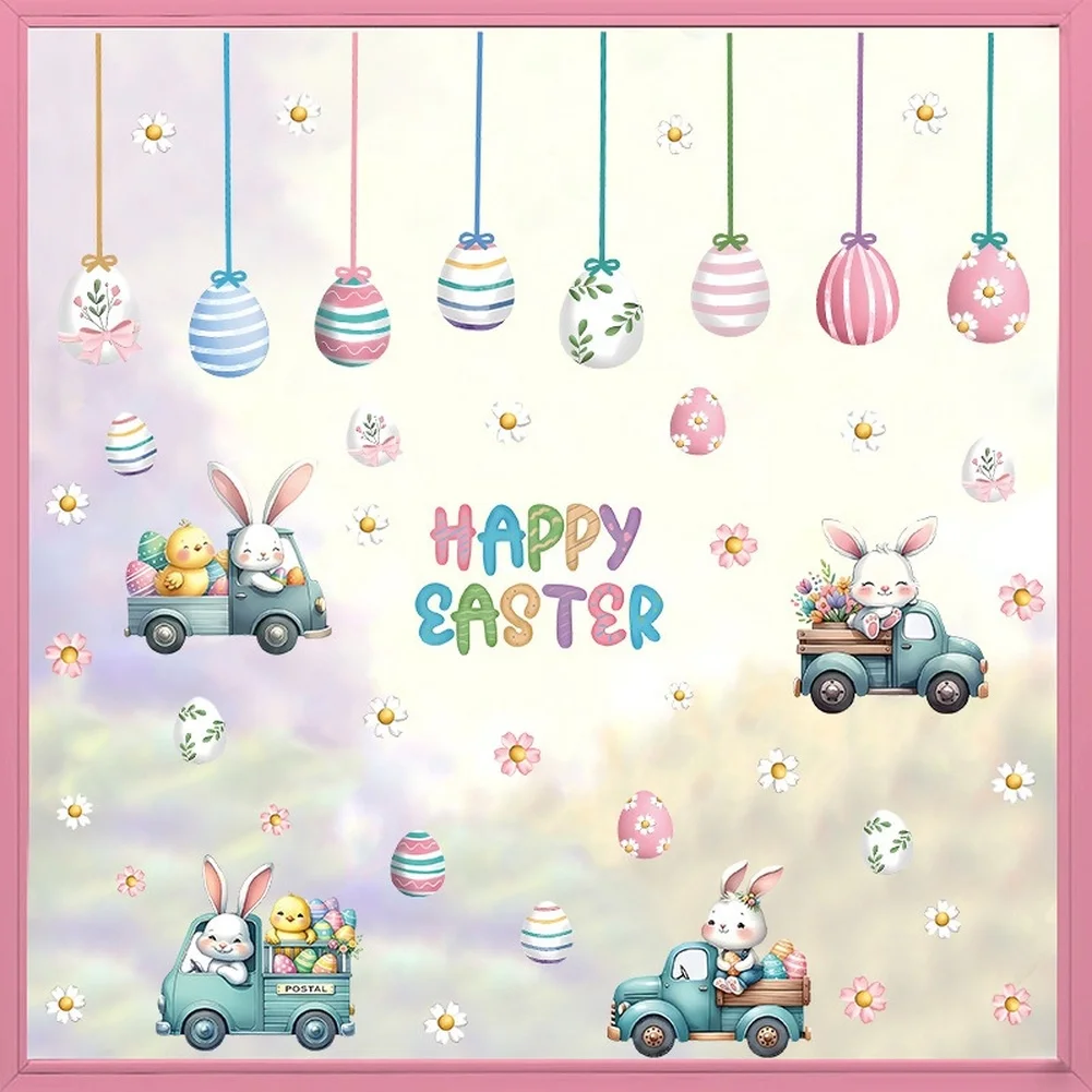 Cartoon Easter Bunny Egg Wall Stickers with Floral Accents for Childrens Room Living Room and Bedroom Decoration