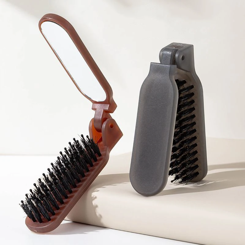 

Boar Bristle Hair Comb with Mirror Pocket Collapsible Travel Massage Hair Styling Tool Foldable Salon High Skull Makeup Combs