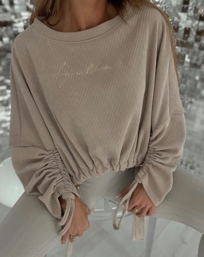 

Women's lazy loose top 2024 autumn latest casual hot selling letter pattern drawstring ruffled sweatshirt solid color pullover