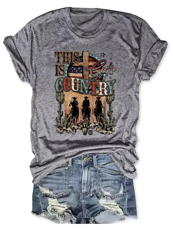 This Is God Is Country Slogan Women T-shirt Three Cowboys Riding Horses in The Desert Vintage Print Casual Farm Female Shirt