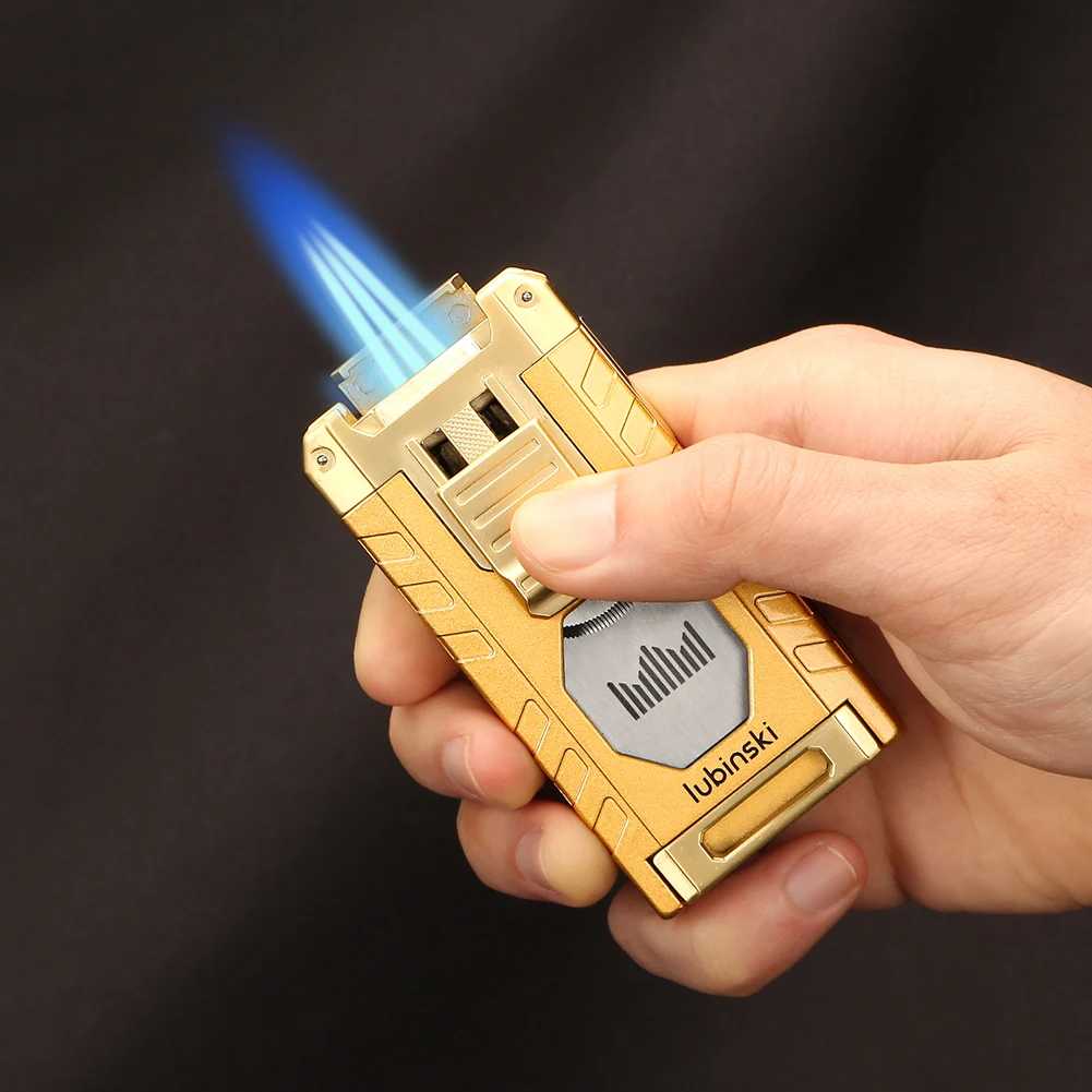 LUBINSKI Cigar Lighter Gas Torch Jet Blue Flame Lighters Smoking Cutter Cigar Accessories With Needles Punch Cigar Tool