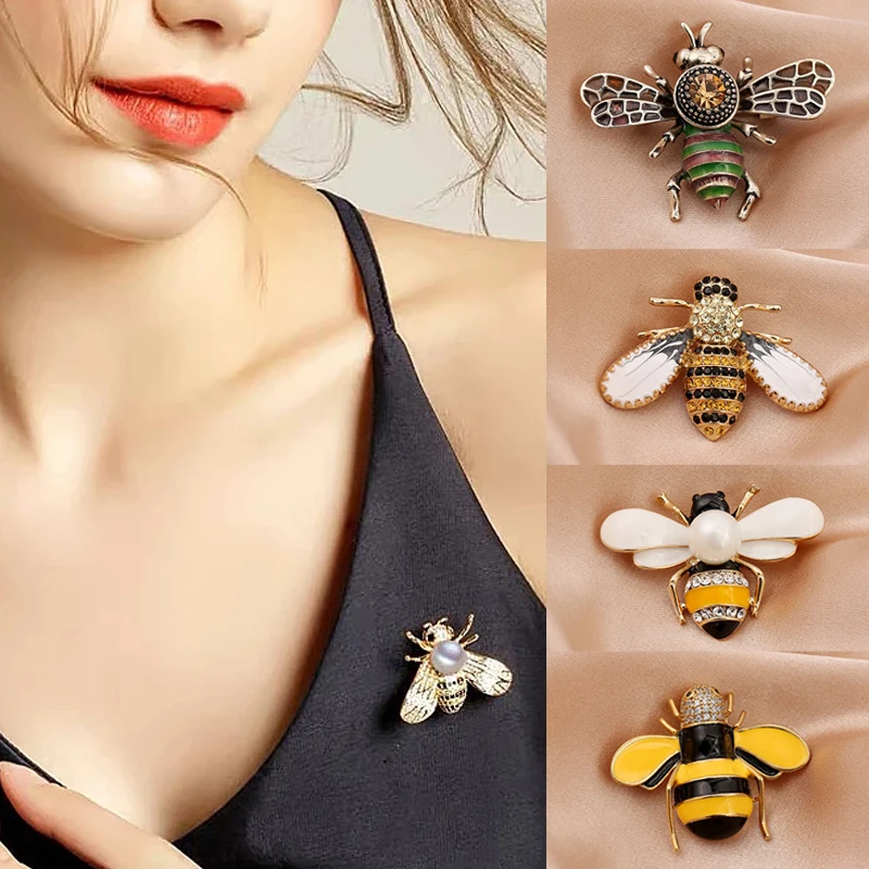 Cute Rhinestone Bee Brooch Women Party Accessories Insect Pearl Corsage Brooches Cardigan Suit Clothing Accessories Gift